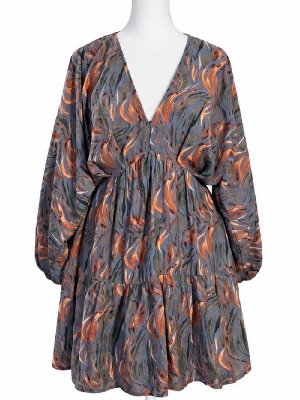 Entro Abstract Swirl V-Neck Tiered Mini Dress S Boho Fall Long Sleeve